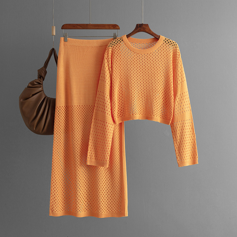 Women's 2024 new summer hollow knitted sweater long skirt fashion two-piece dress set