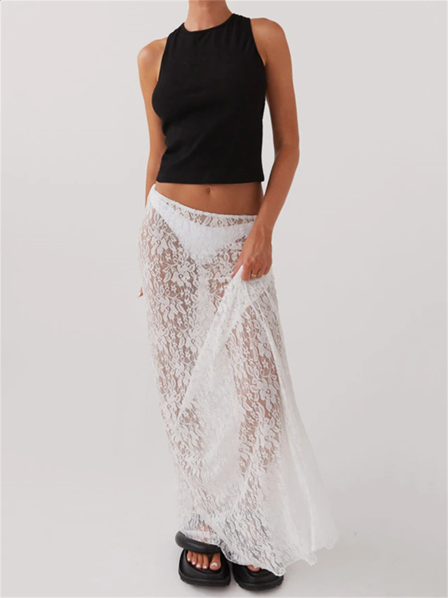 Y2K White Fairycore Boho Floral Lace Maxi Skirts Womens Sheer Low Waist Vintage Long Skirts Summer Harajuku Holiday Outfits 250319