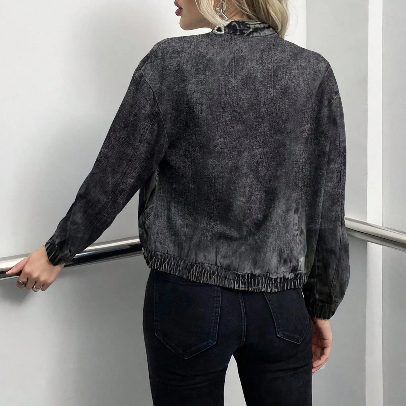 Womens zipper denim jacket womens stand up collar short bomber pocket casual Ropa 250317