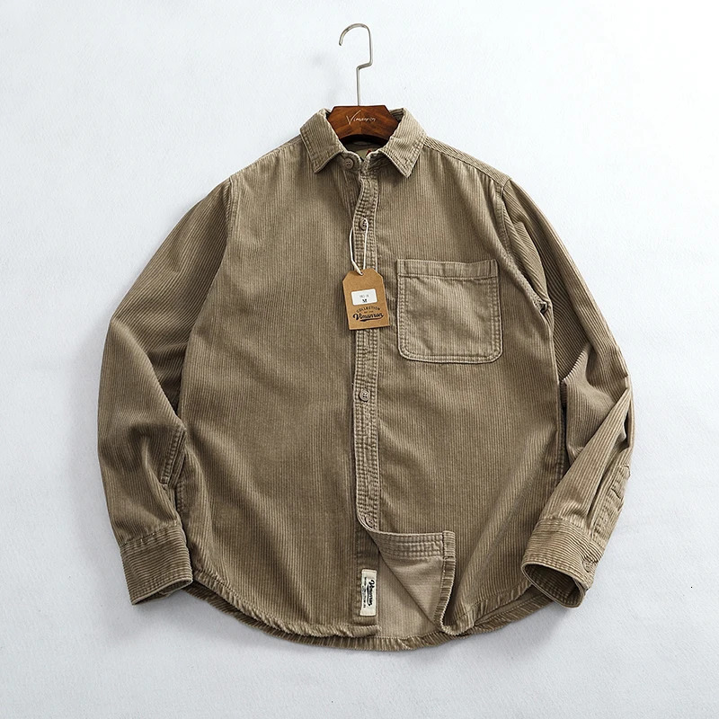 Heavy chunky high pit chunky strip vintage corduroy long sleeve shirt mens autumn cotton cargo shirt jacket 250314