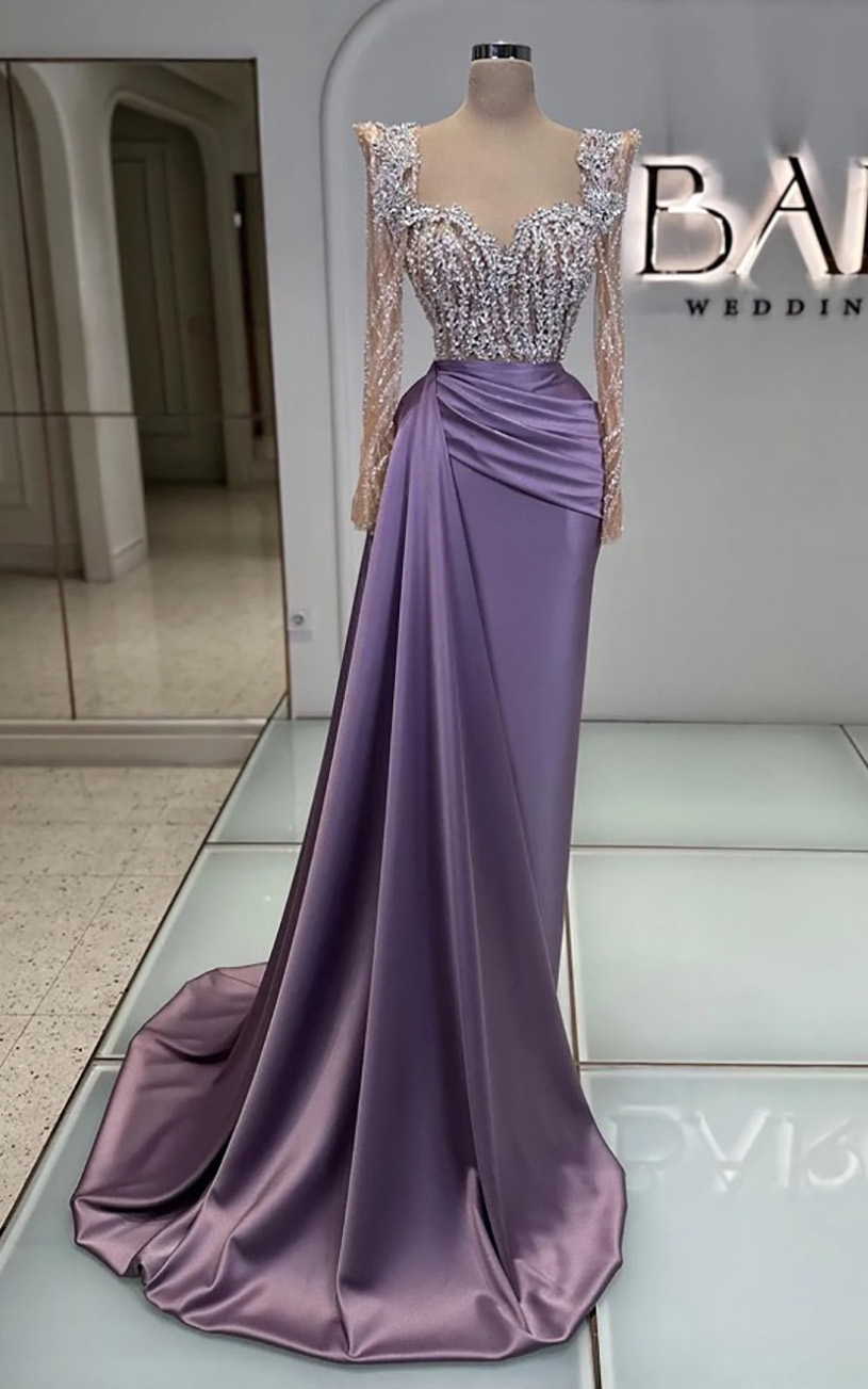 Evening Dresses Party Prom Gown Graduation Homecoming Cocktail Formal Trumpet Sweep Train Plus Size Custom Long Sleeve Pearls Sequins Crystal Sweethea