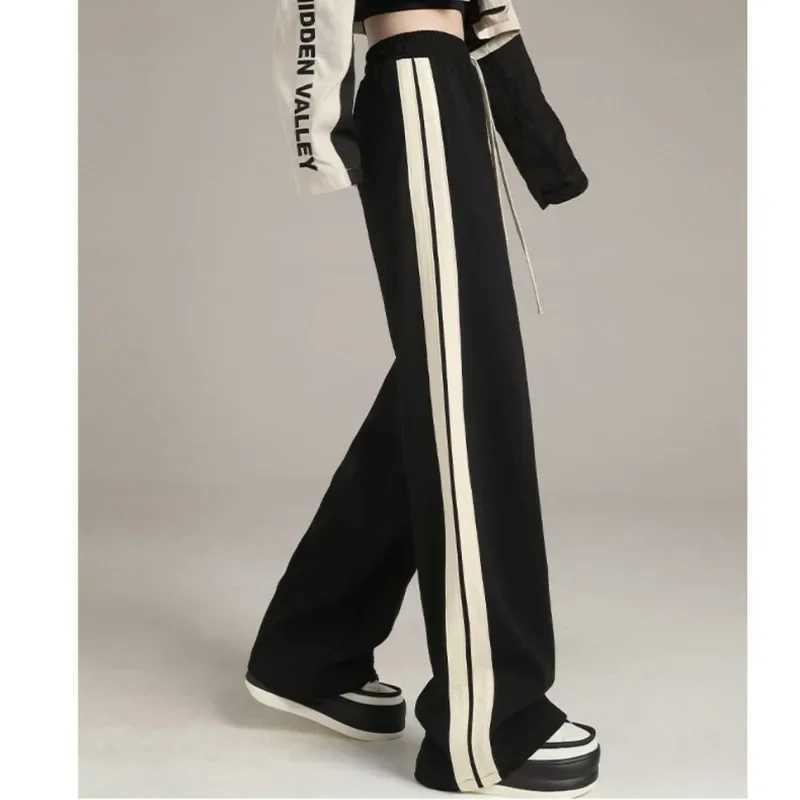 Casual Wide Leg Pants for Women Autumn Winter New Plush Thick Side Stripe Loose Fitting Black Versatile Floor Mop Trousers TrendT250318