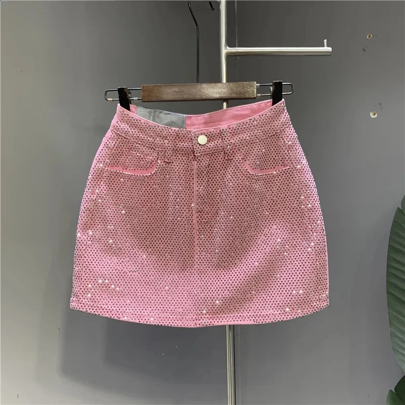 Heavy industrial diamond high-end denim skiing spring/summer high waisted pink sexy A-line skiing 250317