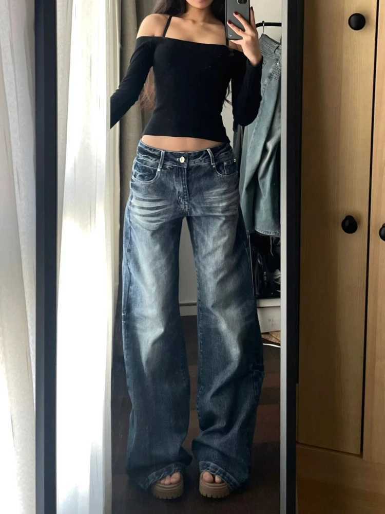 HOUZHOU Y2K retro bagged wide leg womens jeans washed casual high waisted loose denim pants streetwear Korean Flared TrousersT250319