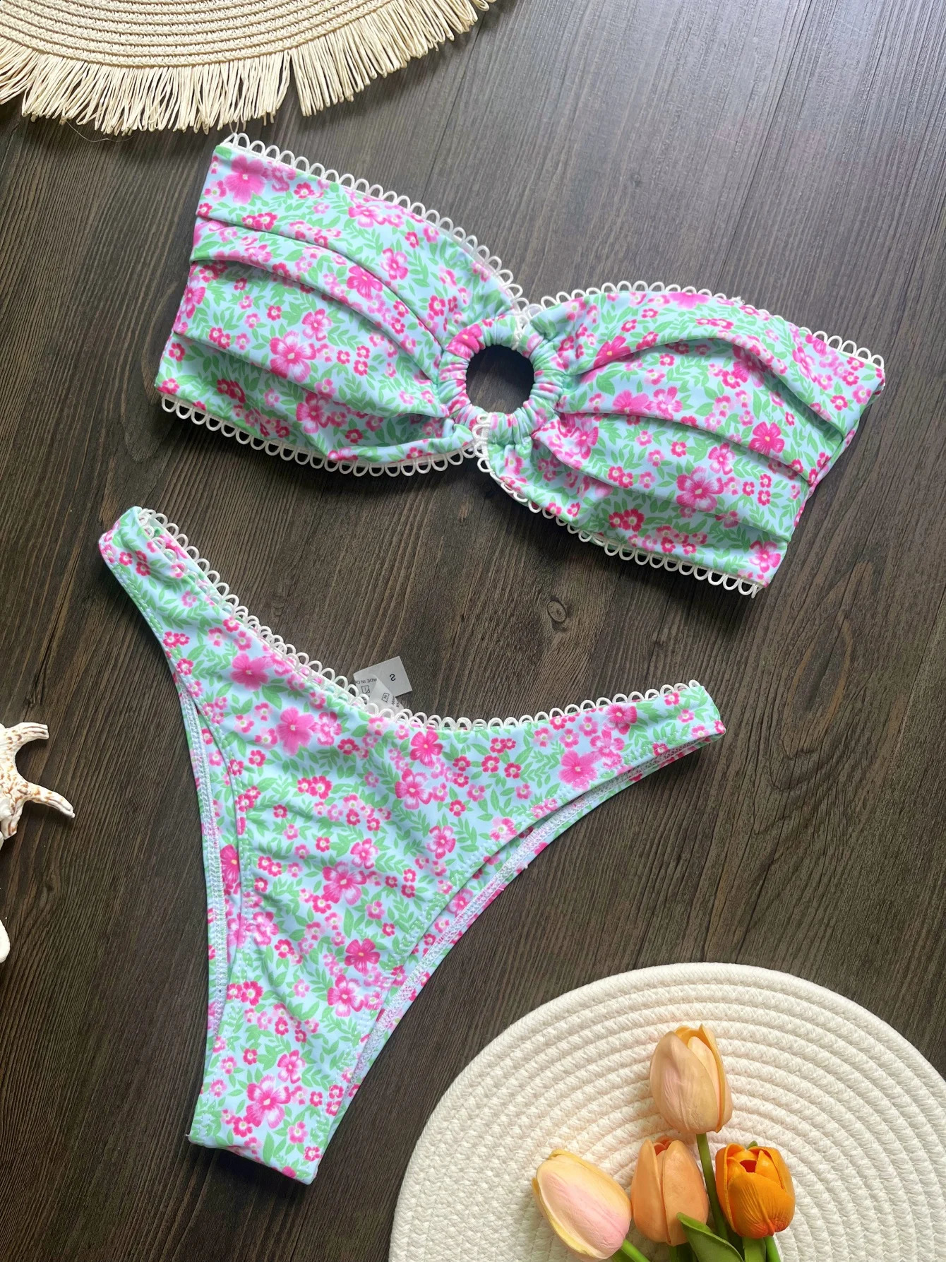 Flower Bandeau long leg cut bikini womens swimsuit twopiece 250319