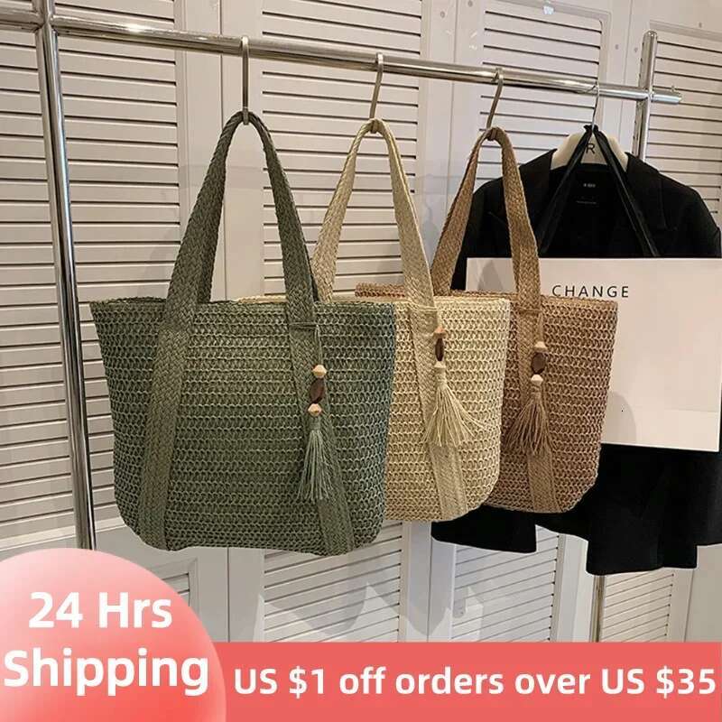 Summer Straw For Women Handmade Woven Shoulder Large Capacity Tote Bags With Pendant Armpit Bag Top-Handle Handbag Purse