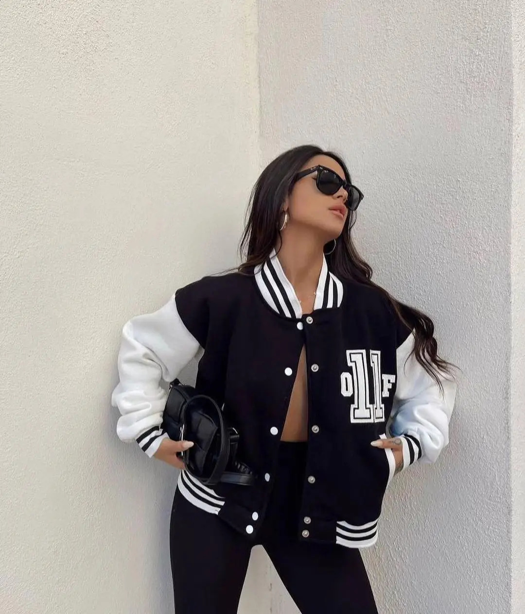 Winter womens baseball jacket with letter printing bracket collar loose street style elastic striped cuffs fashionable 250317