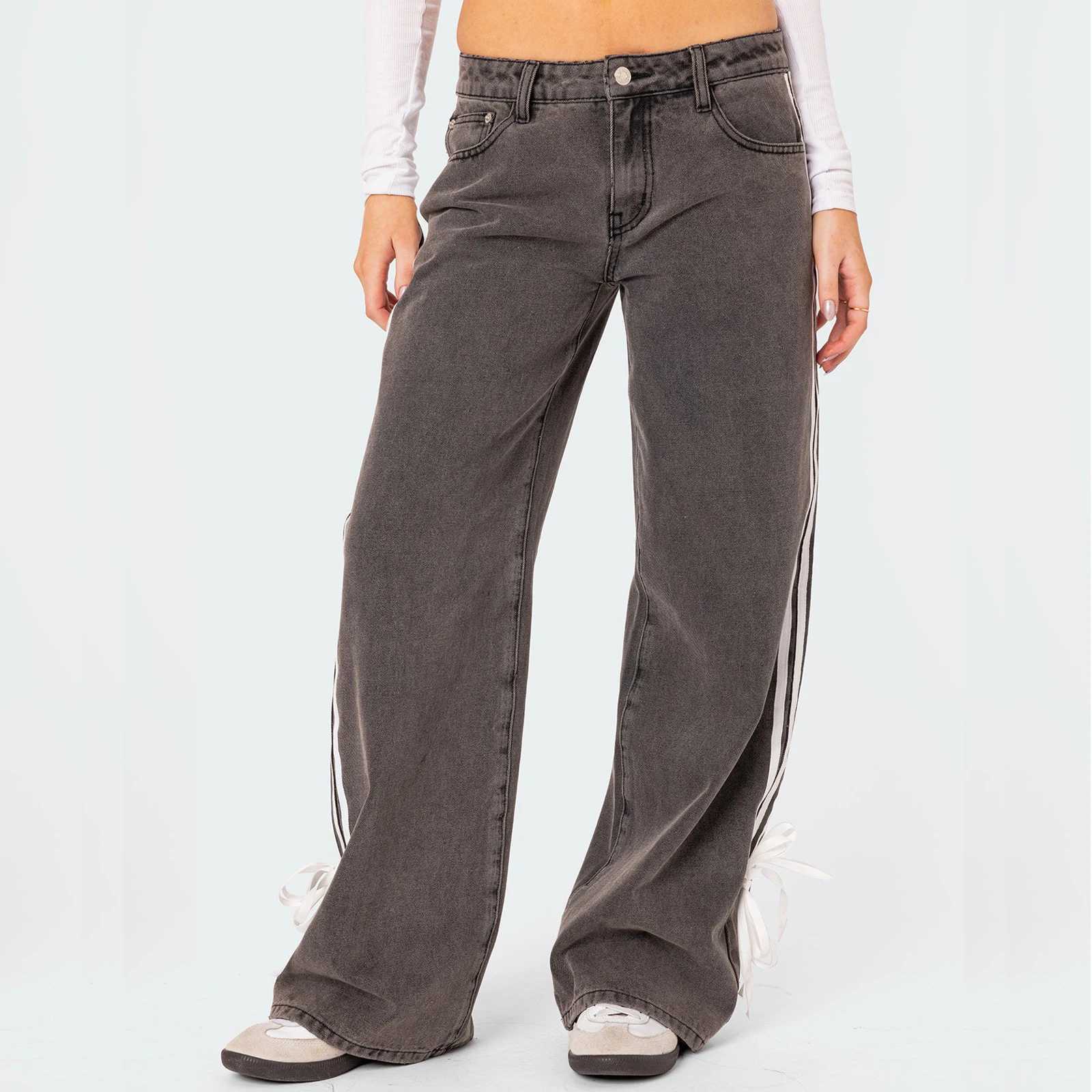 Womens Low Rise Jeans Fashion Side Stripe Tie Bow Straight Leg Denim Pants with Pockets for Summer StreetwearT250319