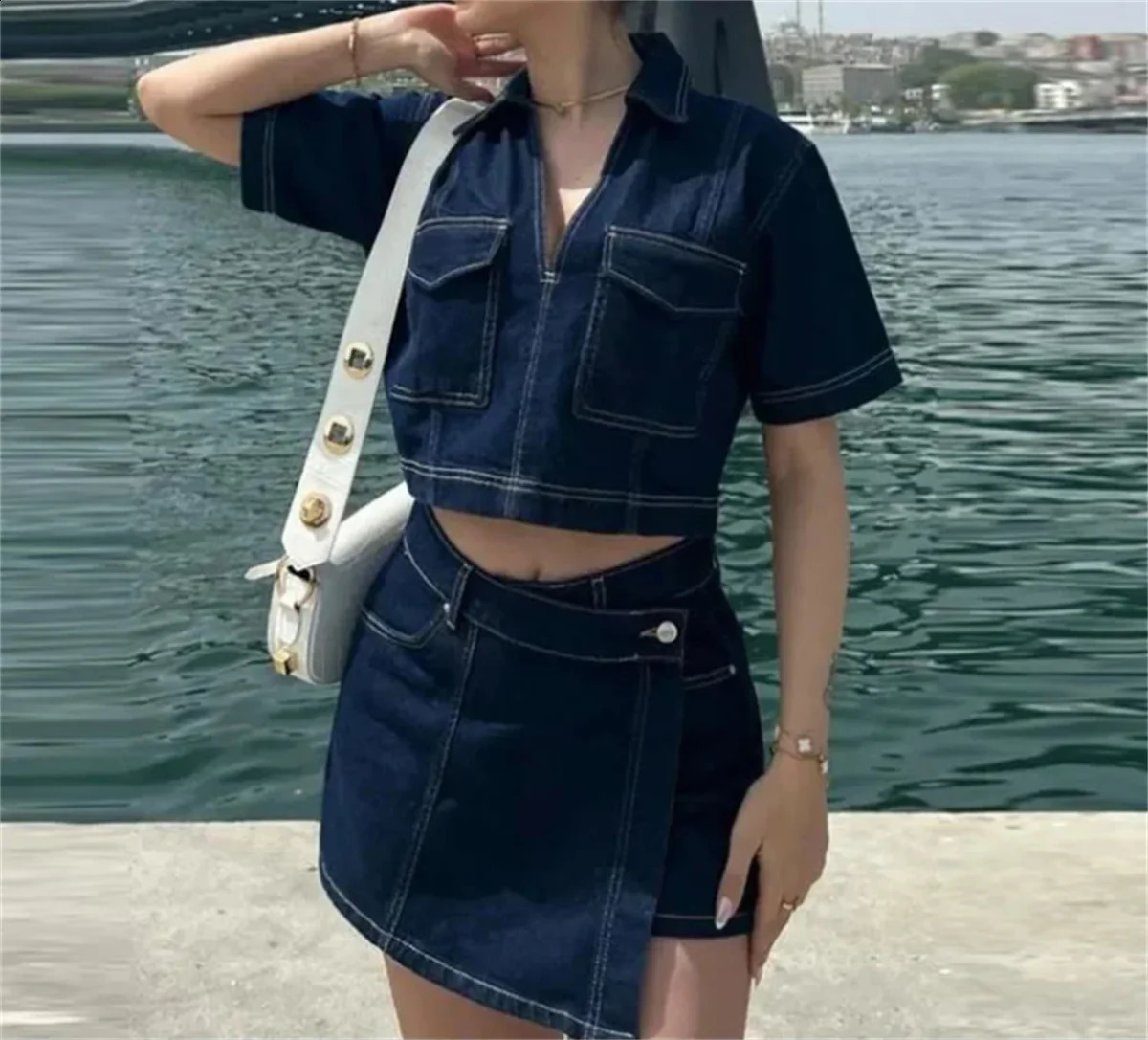 Denim 2 Piece Set For Women Solid Fashion In Flip Pocket V Neck Shirt Top Asymmetric Shorts Skirt Lady Y2k Streetwear 250318