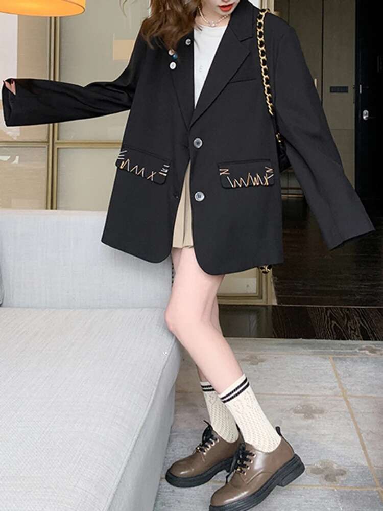 Women Black Big Size Light E Buttons Casual Blazer New Lapel Long Sleeve Jacket Fashion Tide Spring Autumn2025 30A2522