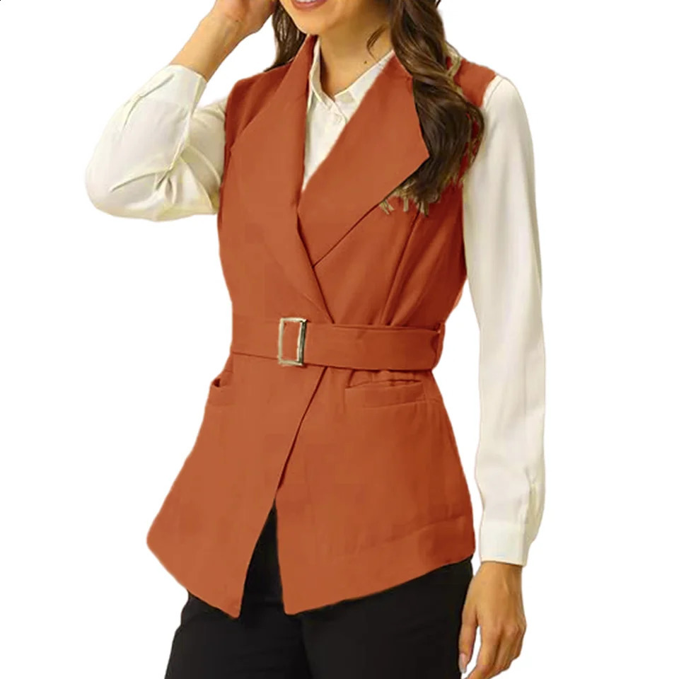Womens Sleeveless Collar Open Vest Spring Jacket Thin with Inner Lining and Belt Clothing 250319