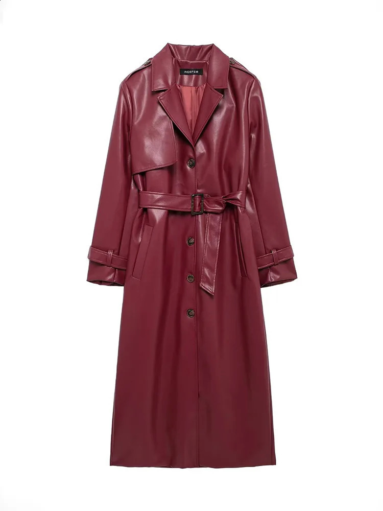 Womens vintage Burgundy synthetic leather Maxi long jacket with belt fashionable sleeves single perforated elegant PU groove 250319