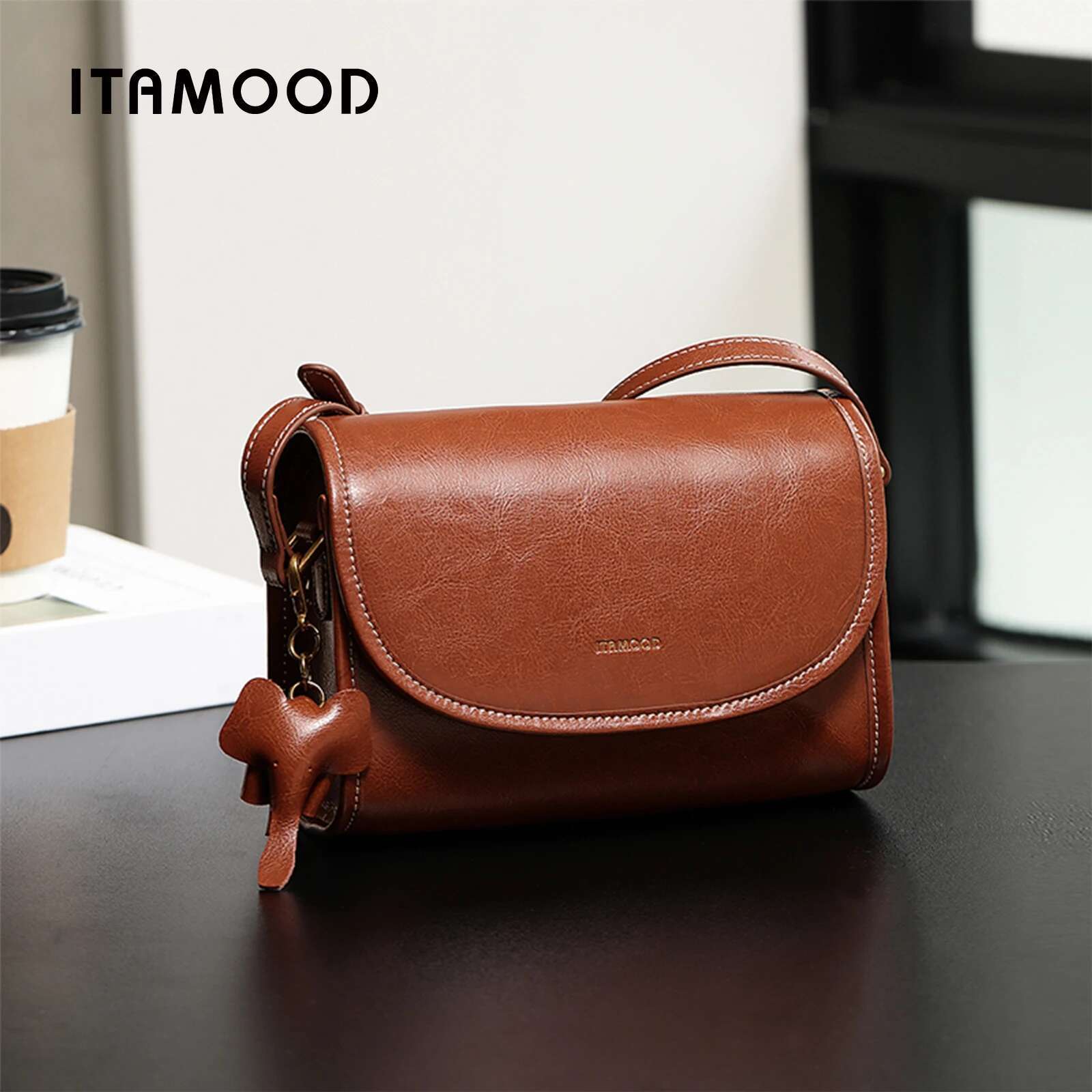 ITAMOOD Texture Leather Square Senior Sense Of Retro Small Shoulder Bag Fashion Handbag With Cute Elephant Pendant