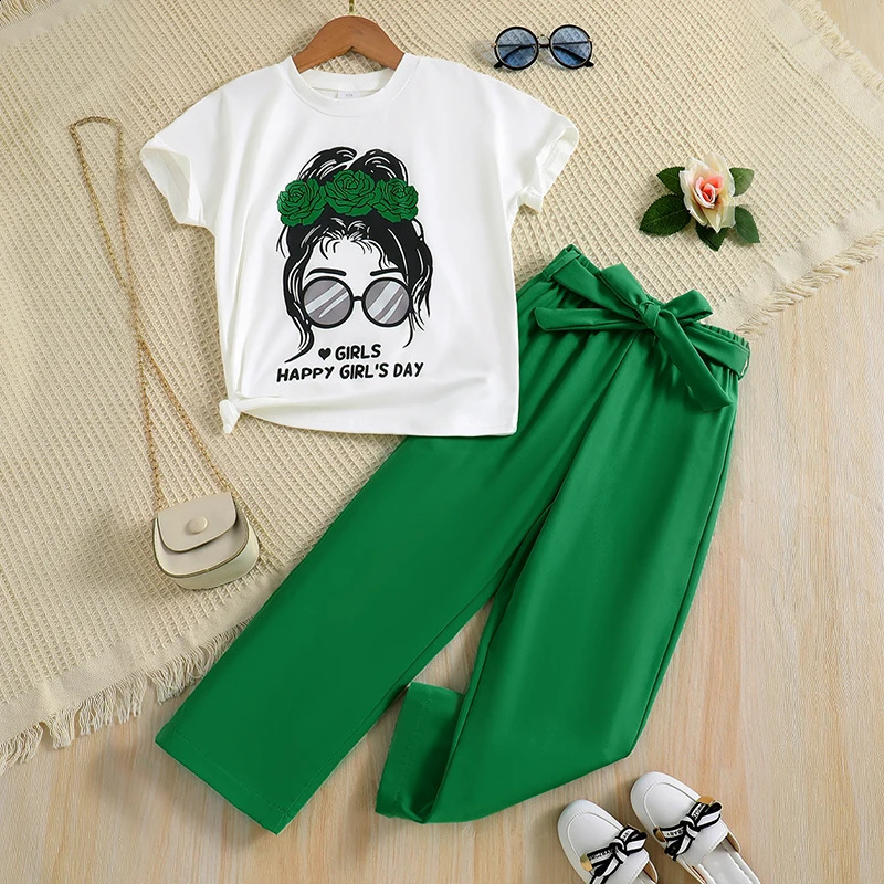 2pcs Girl Fashion Minimalist Cartoon Print Breathable round Neck Knit Top Summer Thin Wide Leg Pants Set 250319