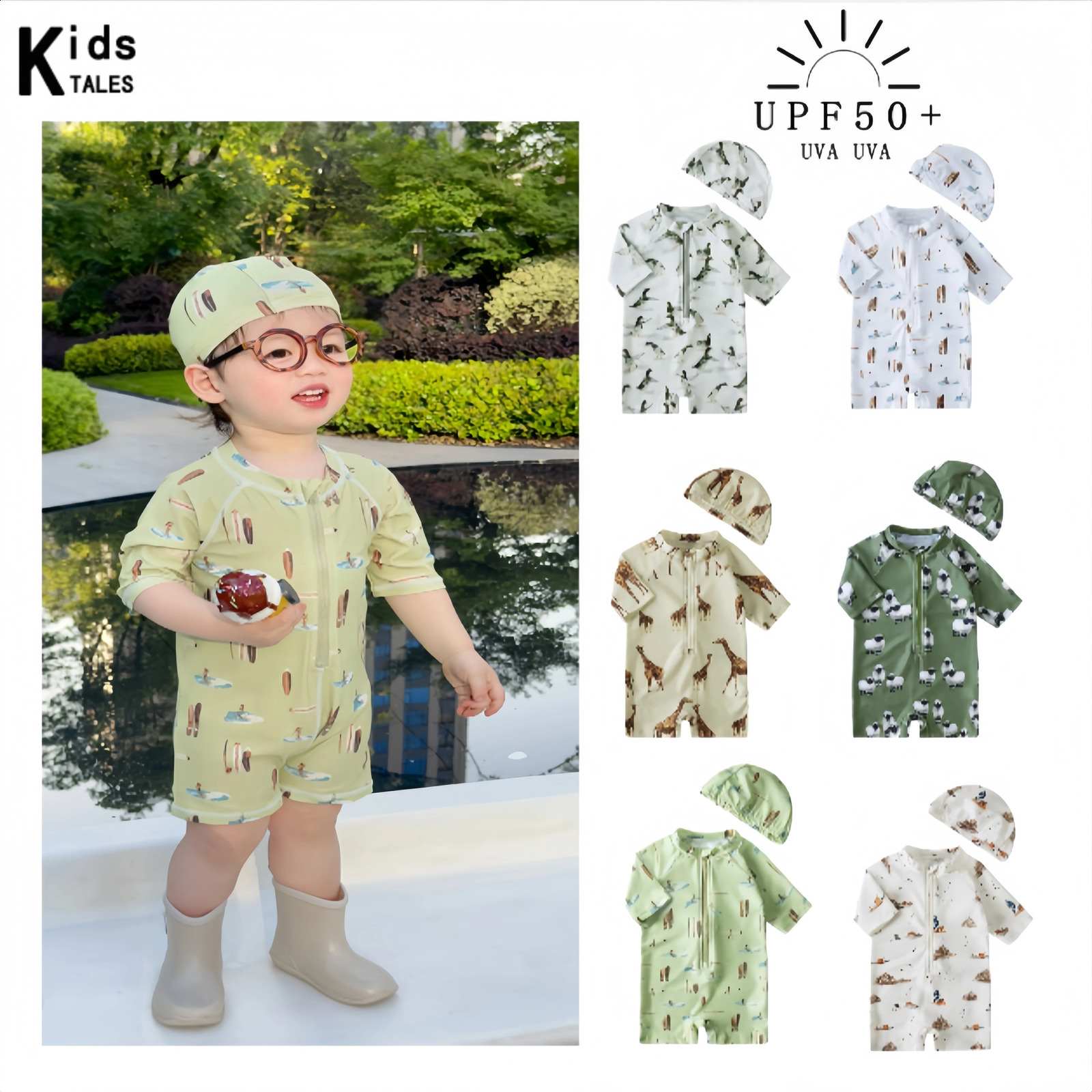 2025 Summer Kids Boys Girls Swimsuits Clothes Vacation Beach Onesie with Hat Toddler Sun-proof Swimwear Sets Surfing Swim Suit 250319
