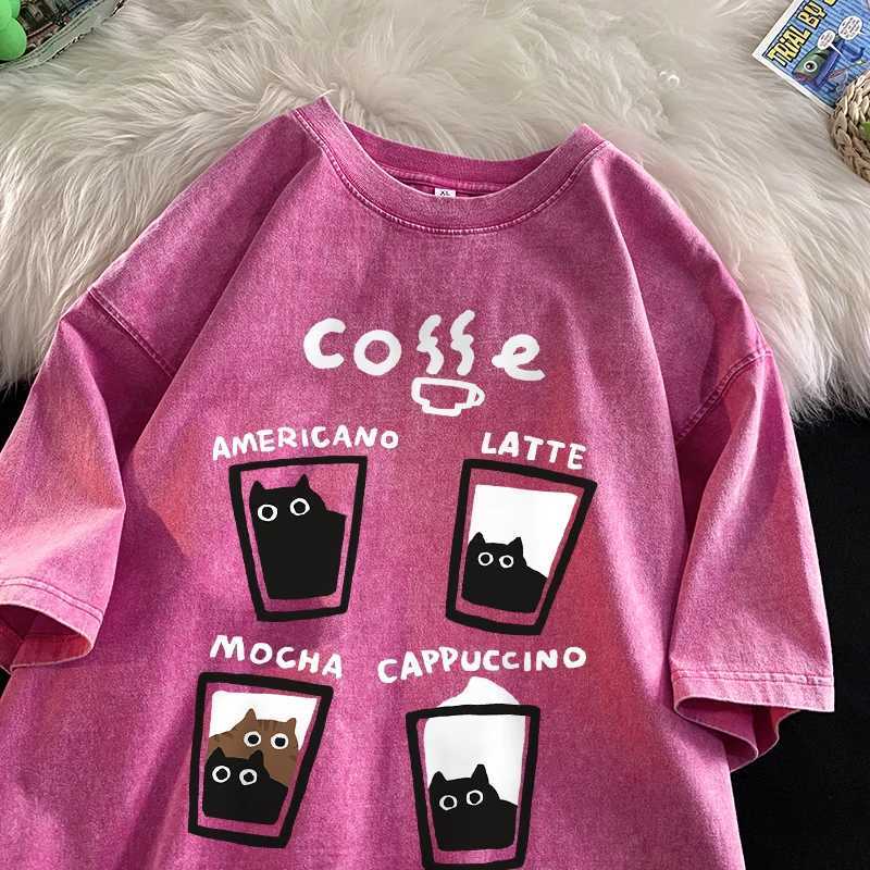 American retro fashion cat cotton T-shirt mens summer loose couple short sleeved top Harajuku Y2k retro washed T-shirtT250318