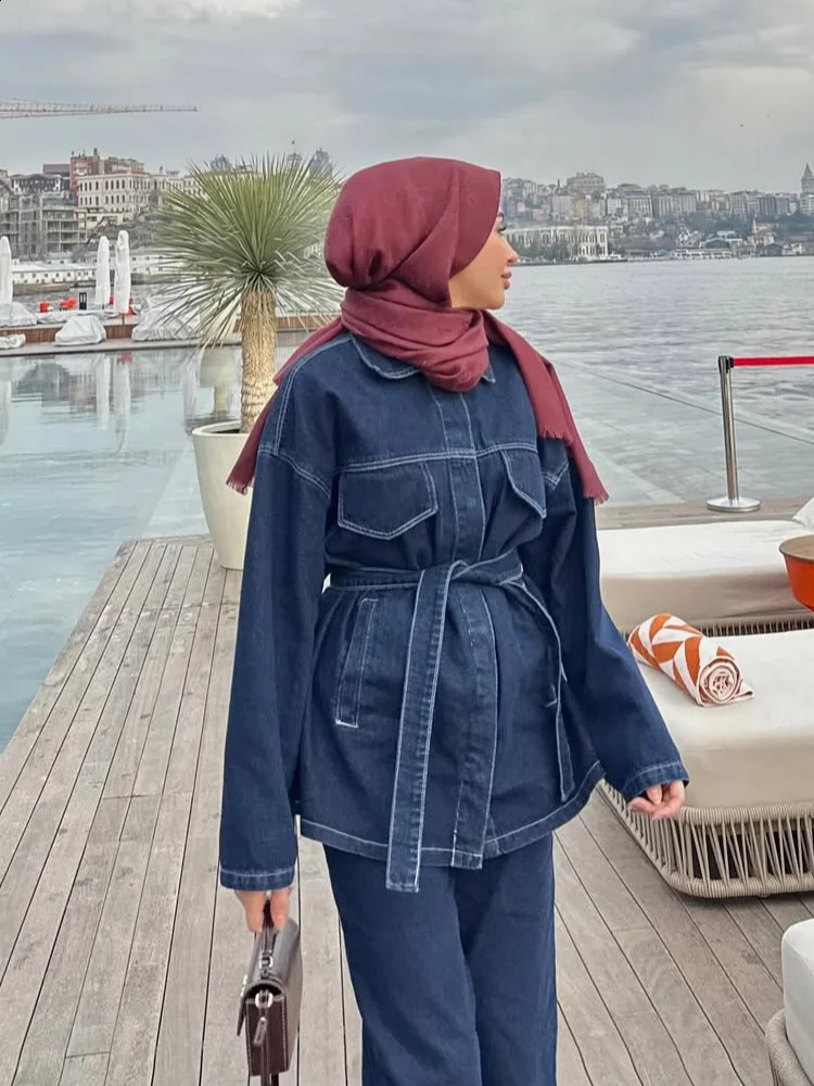 Retro belt denim Trouser set womens lapel pocket long sleeved jacket zipper straight leg pants 2025 spring premium 250319