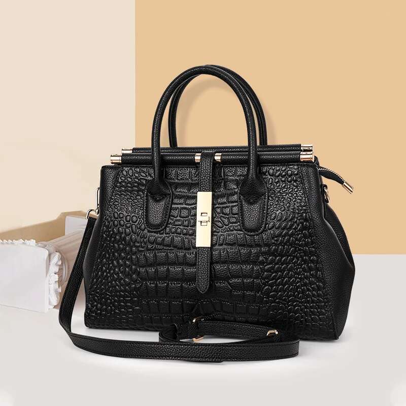 Aidrani Genuine Leather Women's Handbag, Large Capacity Crocodile Patterned Cowhide Bag, Black
