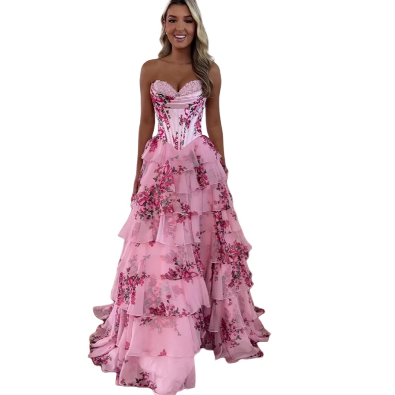 Ruffles Tiered Floral Chiffon Prom Dresses High Slit A-Line Sweetheart Neckline Sleeveless Long Pink Evening Gown Girls Boutique Special Occasion Dres