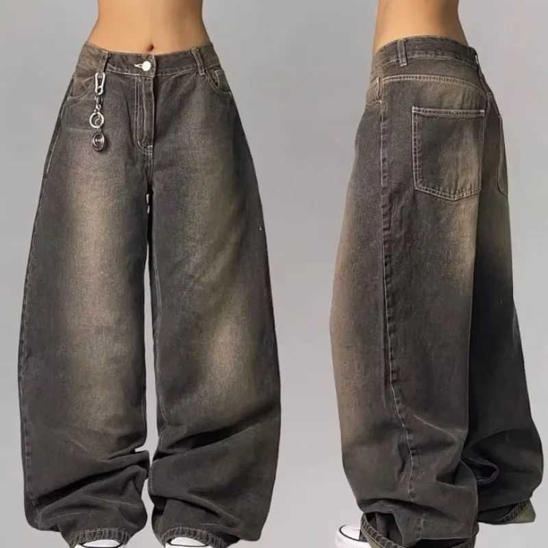 US Y2K 2025 new pocket wide leg black jeans ultra-thin womens street casual clown jeans couple jeans retro streetwearT250319