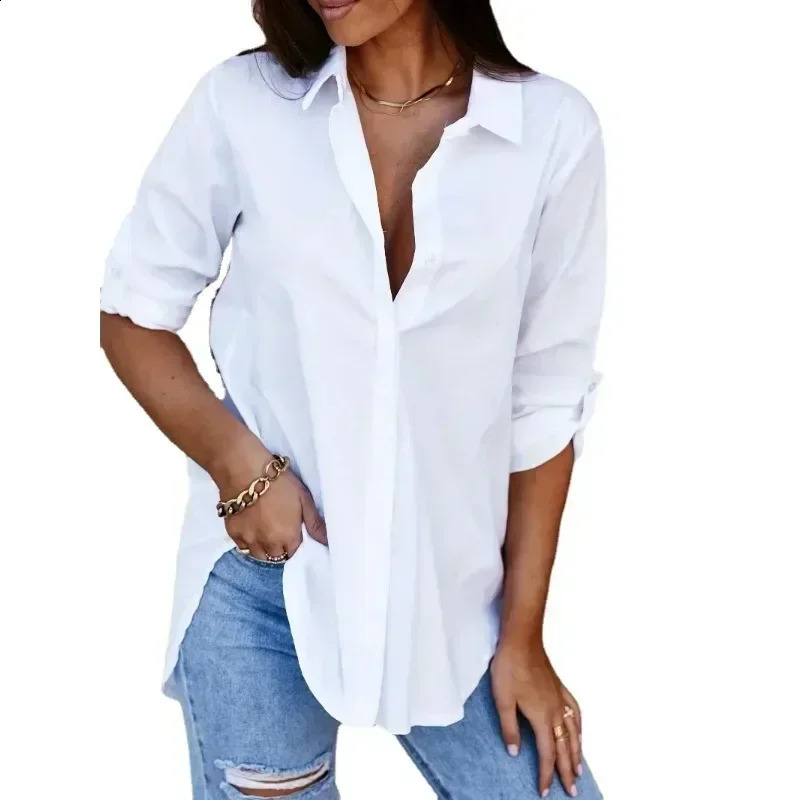 Plus size 1XL8XL womens long sleeved Vneck button up springautumn solid color loose casual shirt 250319