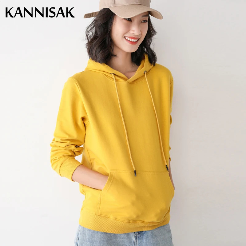 Women Hoodies 100% Cotton Spring Autumn Loose Long Sleeve Pullovers Solid Casual Ladies Outerwear Hooded Hoodie Womens Clothing 250318