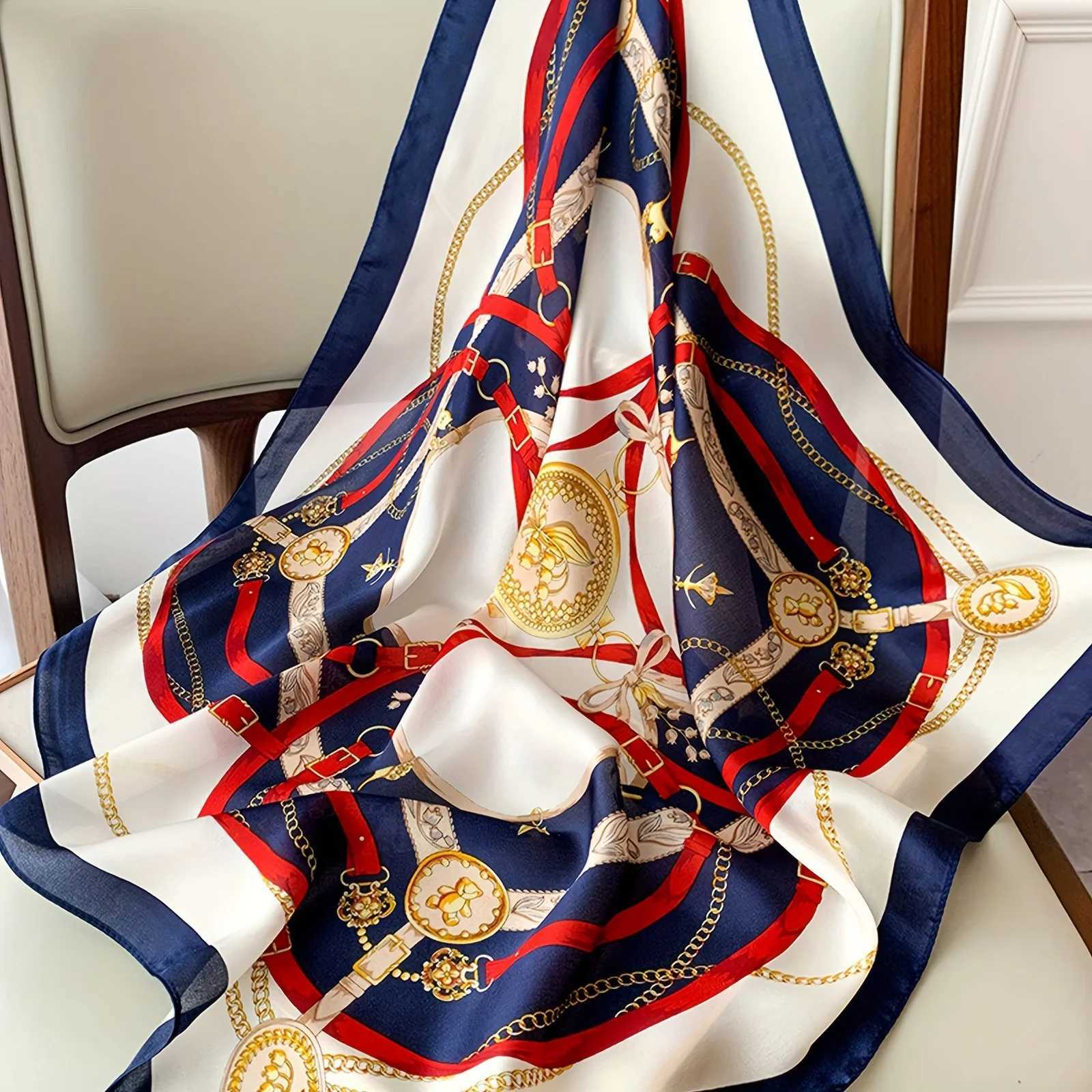 Orange navy blue printed square scarf thin breathable sunscreen shawl casual outdoor windproof bag X250319