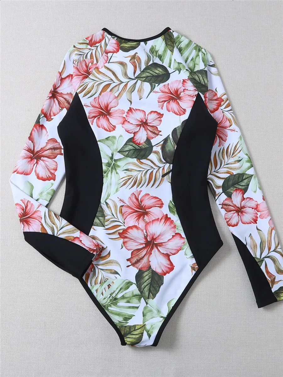 Floral print surfing swimsuit womens 2023 zipper long sleeved onepiece Bathers Rashguard sports diving suit 250312
