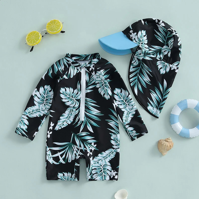Baby Girl Rash Guard Swimsuit with Hat 2 Pcs Set Floral Print Zip Up Long Sleeve Crew Neck Toddler Girl Swimwears 250319