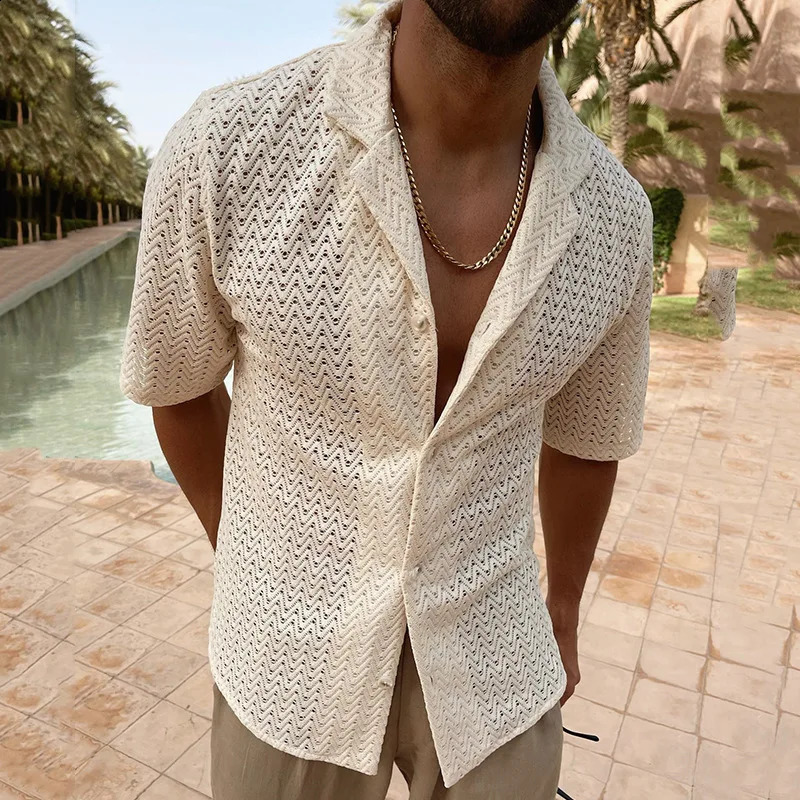Shirts and Blouses Summer Hollow Out Knit Solid Slim Fit Polo Neck Short Sleeve Top Casual Mens Wear Y2K Clothing 250317