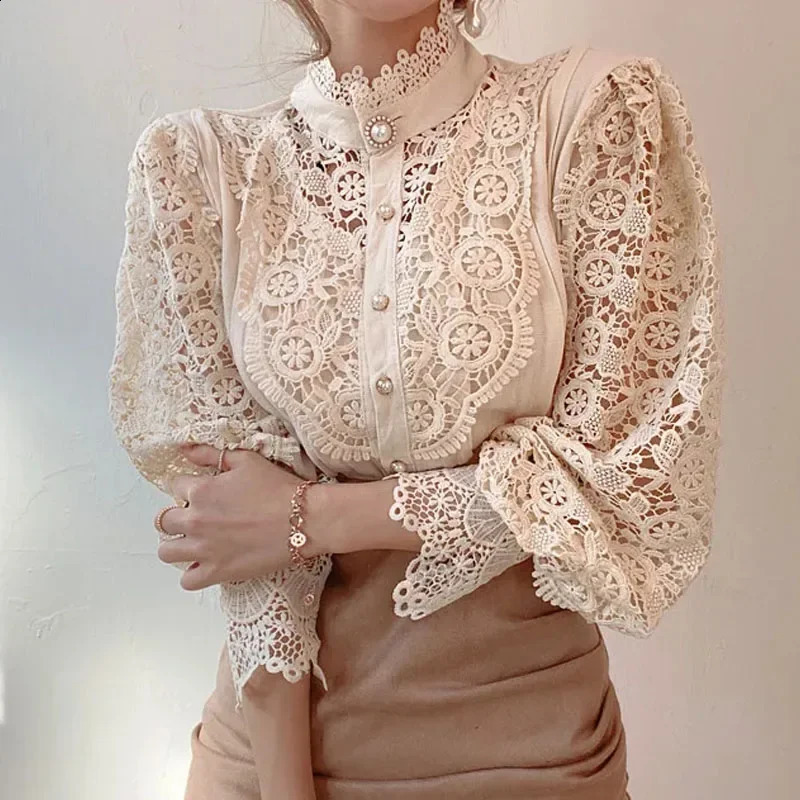Fashion long sleeved womens shirt with hollow lace top Blusas Mujer de Moda 2024 250319