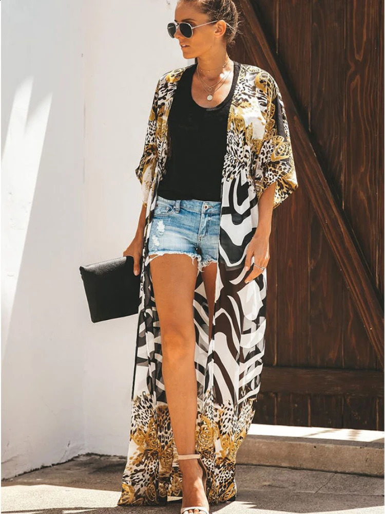 Bikini Cover Up Chiffon Beach Kimono Women Leopard Printed Long Cape for Swimsuit Tunic Summer Beach Wear Factory Supply 250319