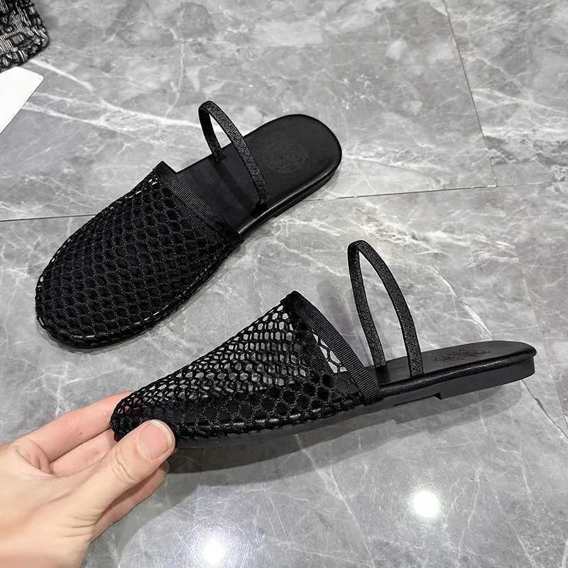 New Arrival Round headed niche fish net hollow ballet shoes suitable for womens summer. New fashionable flat bottomed buckle sandals T250318