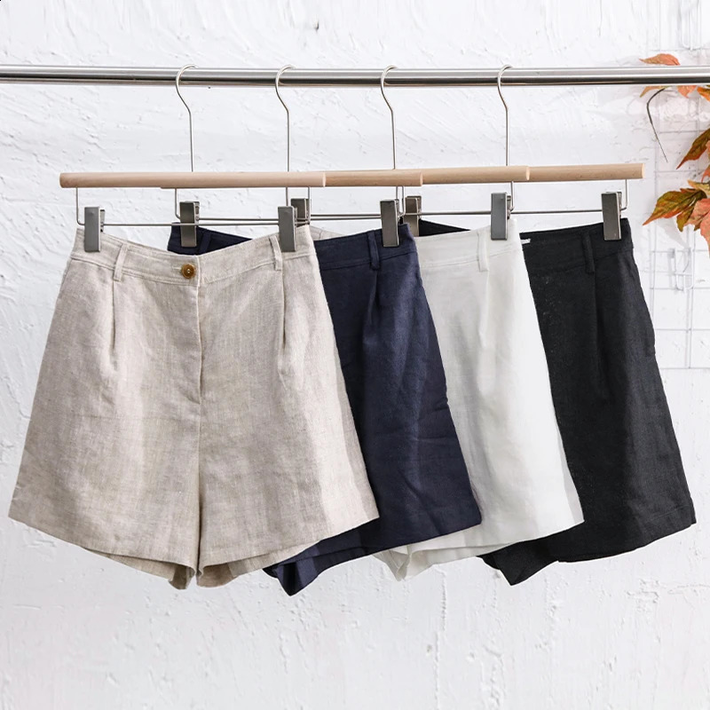 Summer 100% Linen WomenS Shorts Casual High Waist Wide Leg Button Up Elegant Ol Short Pants Femme 250318
