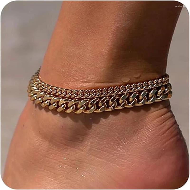 Anklets 14K Gold Waterproof Titanium Cuban Chain For Women Dainty Layered Ankle Bracelets Summer Beach Jewelry Set
