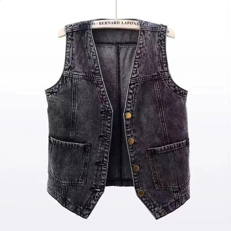 2024 SpringSummer Vneck Denim Tank Top Womens Short sleeved Jacket Casual Single breasted Jeans Waist Coat T382 250319