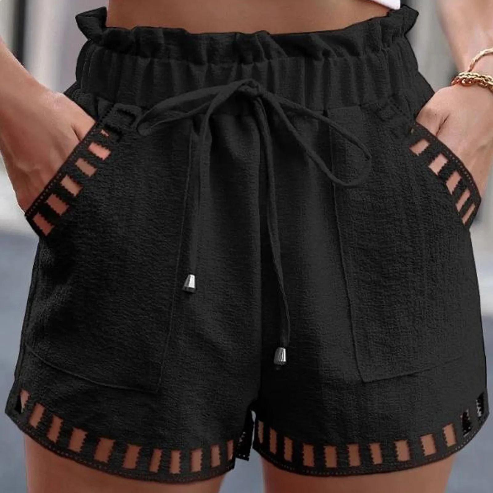 Cotton Linen Shorts WomenS Pants Solid Color Thin Hollow Out n Trim Pocket Tight Waist Shorts Beachwear White Clothes 250318