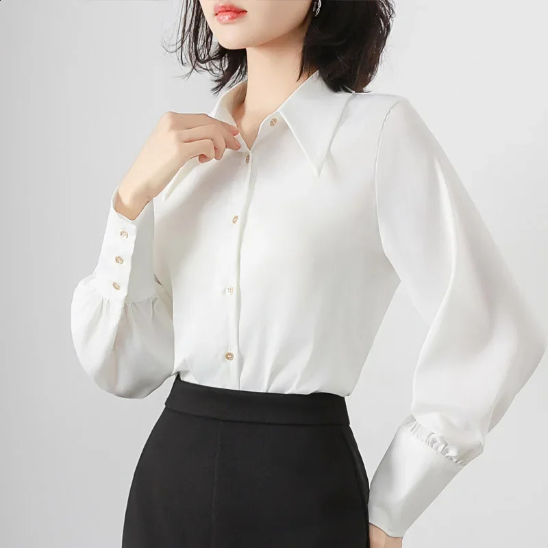 Spring Summer Satin White Womens Blouse Long Sleeve Elegant Korean Workwear Office Lady Casual Loose Shirts Female 250318