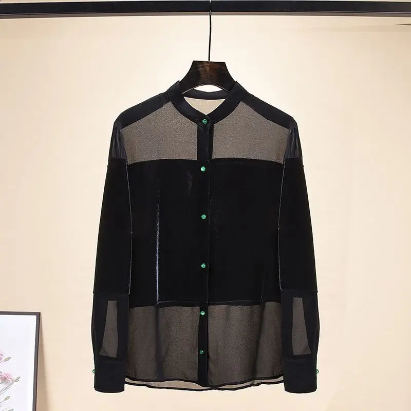 Elegant and fashionable Harajuku ultrathin fit fully matched Blusa decal solid button long sleeved top for womens standing collar clothing 250318