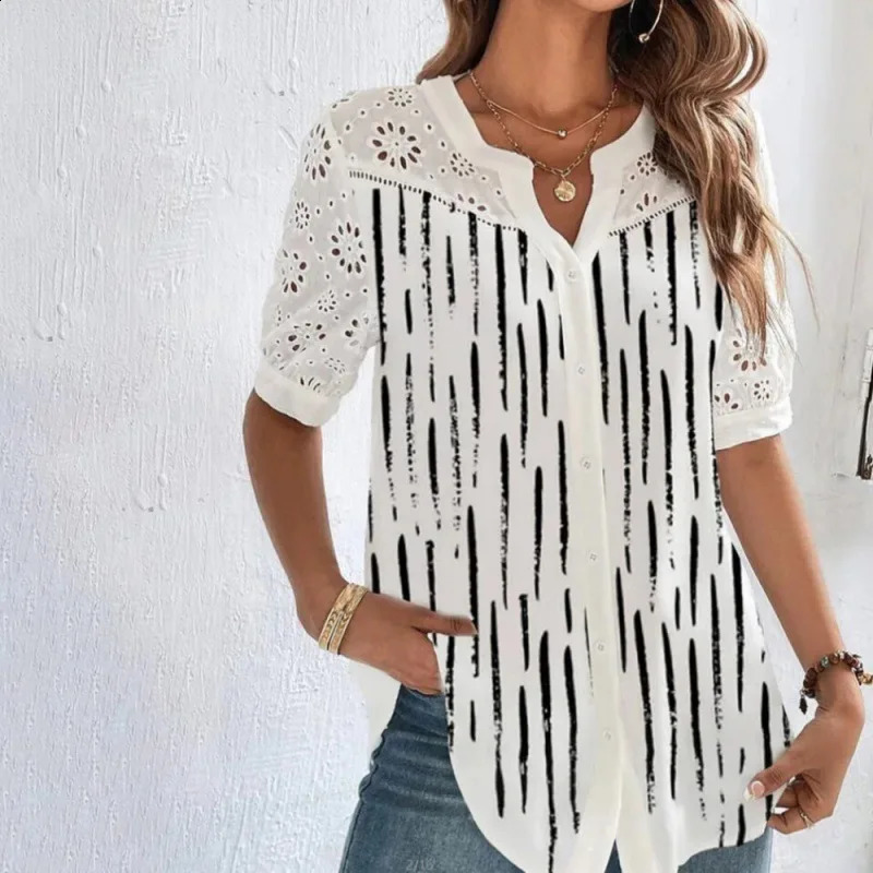 Leisure Flower Printed Cardigan Hollowed Out Blouses 2025 Fashion Lapel Short Sleeved Shirt Womens Top Camicette Femme 250319