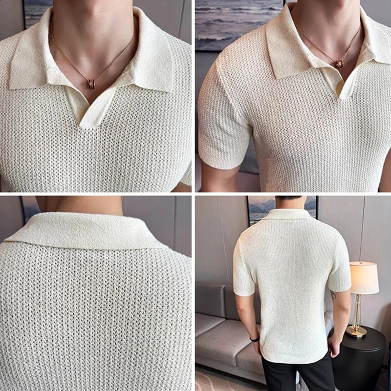 Summer white skeleton short sleeved T-shirt mens knitted V-neck polo shirt coffee color coffee zipper T-shirt 250318