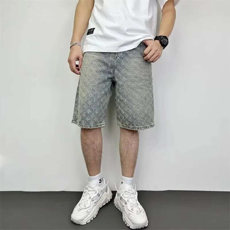 Fashion Casual Summer Light Blue Distressed Men Denim Smart Straight Leg Loosen Male High Street Niche Design Tide Shorts
