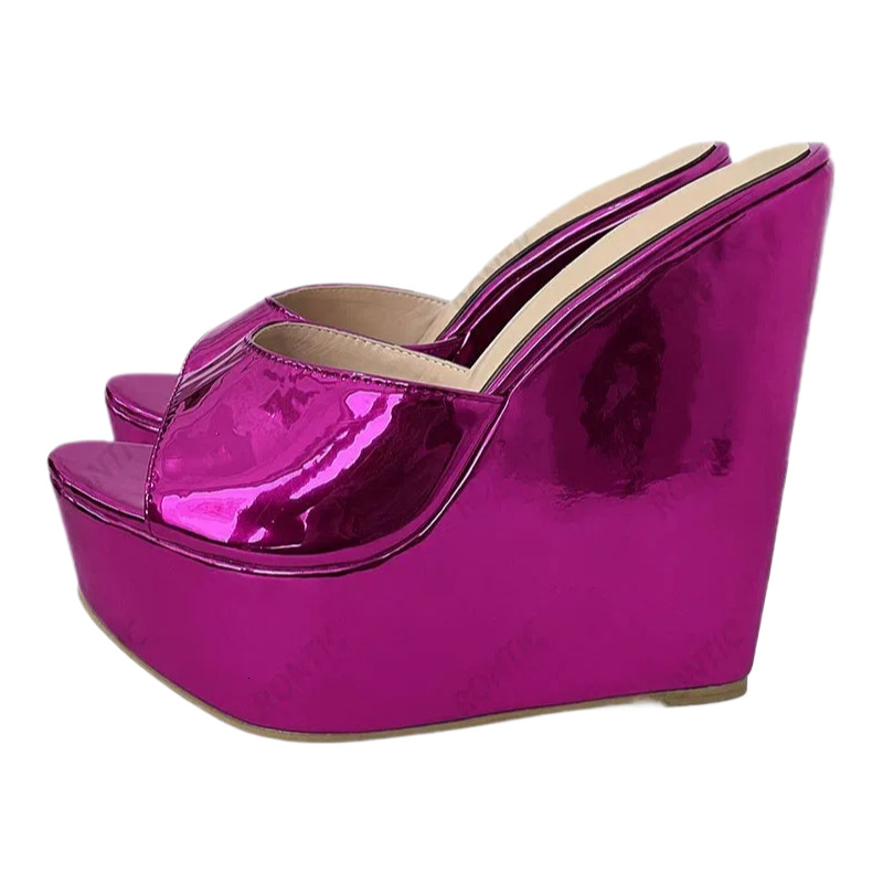 2025 S Fashion Designer Sandals Rontic Arrival Women Summer Mules Unisex Wedges Heels Open Toe Gorgeous Metallic Blue Fuia Shoes US Size