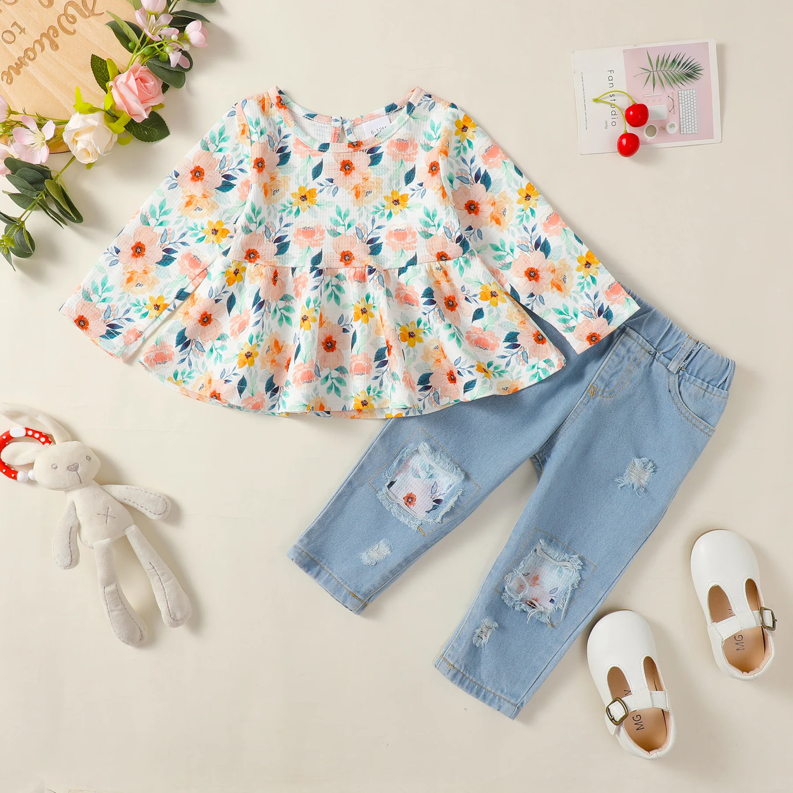 1-4 Years Kids Girls Suit Long Sleeve Flower Ruffle TopsElastic Waist Denim Pants 2pcs Set Toddler Girl Clothes Spring Outfit 250319
