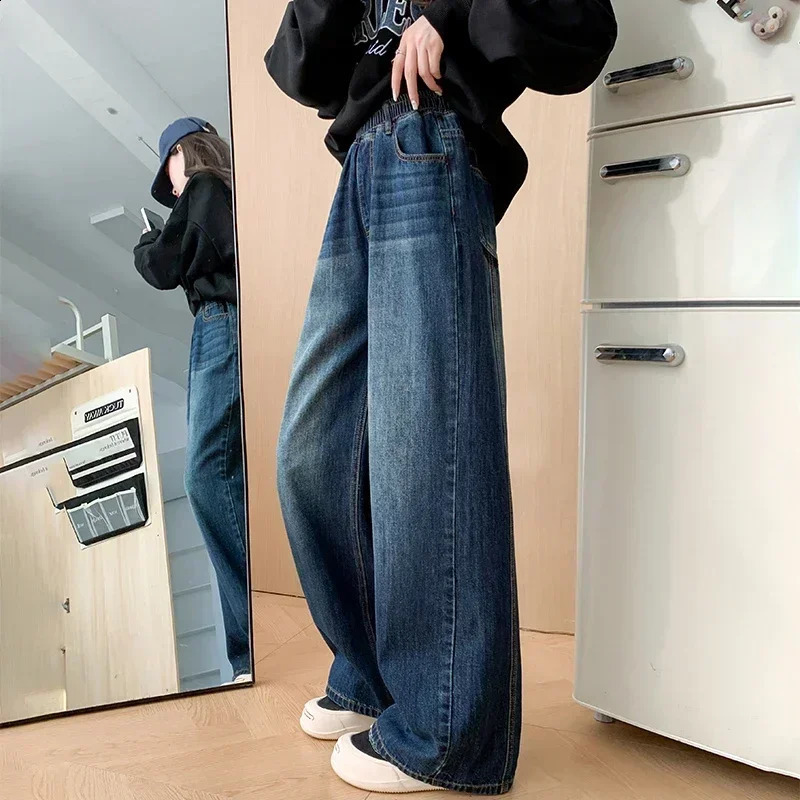 Retro Fashion Autumn Womens High Waist Jeans Loose Wide Legs Straight Denim Shorts Y2K Bagged Pants 250317