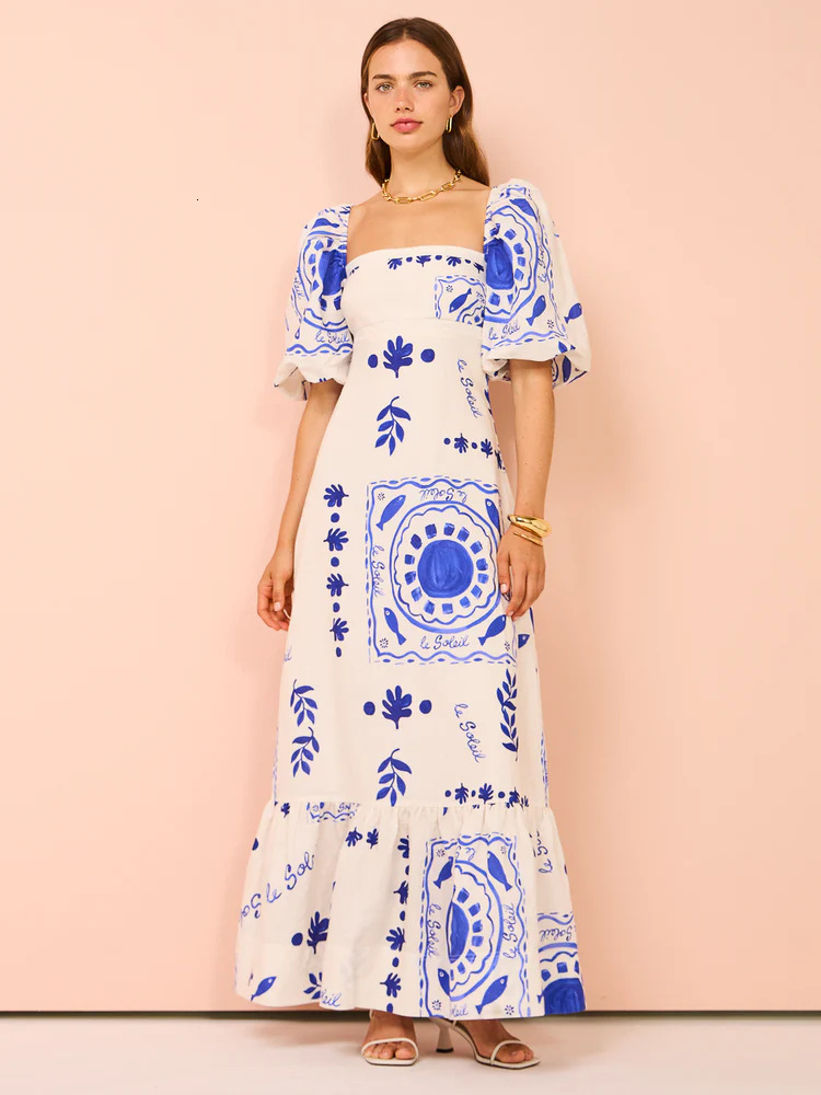 25 year summer new casual one collar printed lantern sleeve fashionable dress -68576
