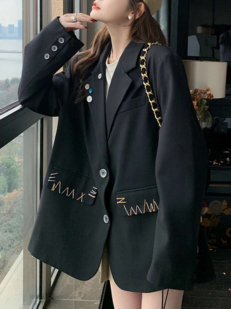 Women Black Big Size Light E Buttons Casual Blazer New Lapel Long Sleeve Jacket Fashion Tide Spring Autumn2025 30A2522