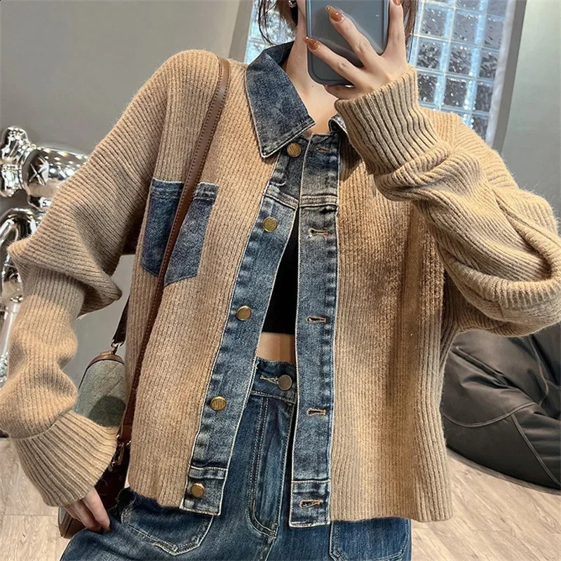 Womens Denim Stitching Sweater Jacket Autumn Fashion Loose Short Knitted Cardigan Lady Coats Casual Denim Jacket Women 250317