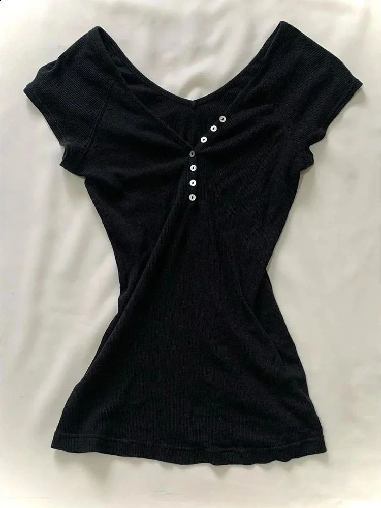 Casual Vintage Solid Skinny Short Sleeve Women Fashion Retro Slim V Neck T Shirts Female er Chic Ruffle Thin Blouse 250319