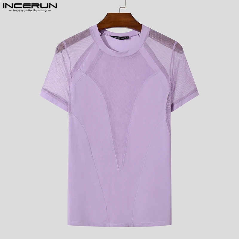 INCERUN Tops American Style Fashion Sexy Mens Mesh Splicing T-shirts Male Casual Elastic Breathable Short Sleeved Camiseta 250319